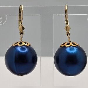 Vintage K&L Pforzheim Rolled Gold Blue Faux Pearl Leverback Earrings Germany